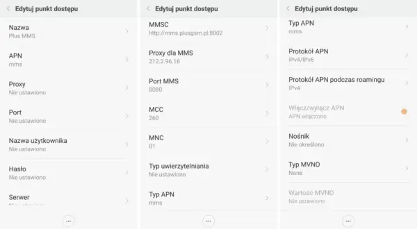Ekran ustawień APN telefonu z widocznymi polami: Nazwa, APN, MMSC, Proxy, Port, MCC, MNC, Typ APN.
